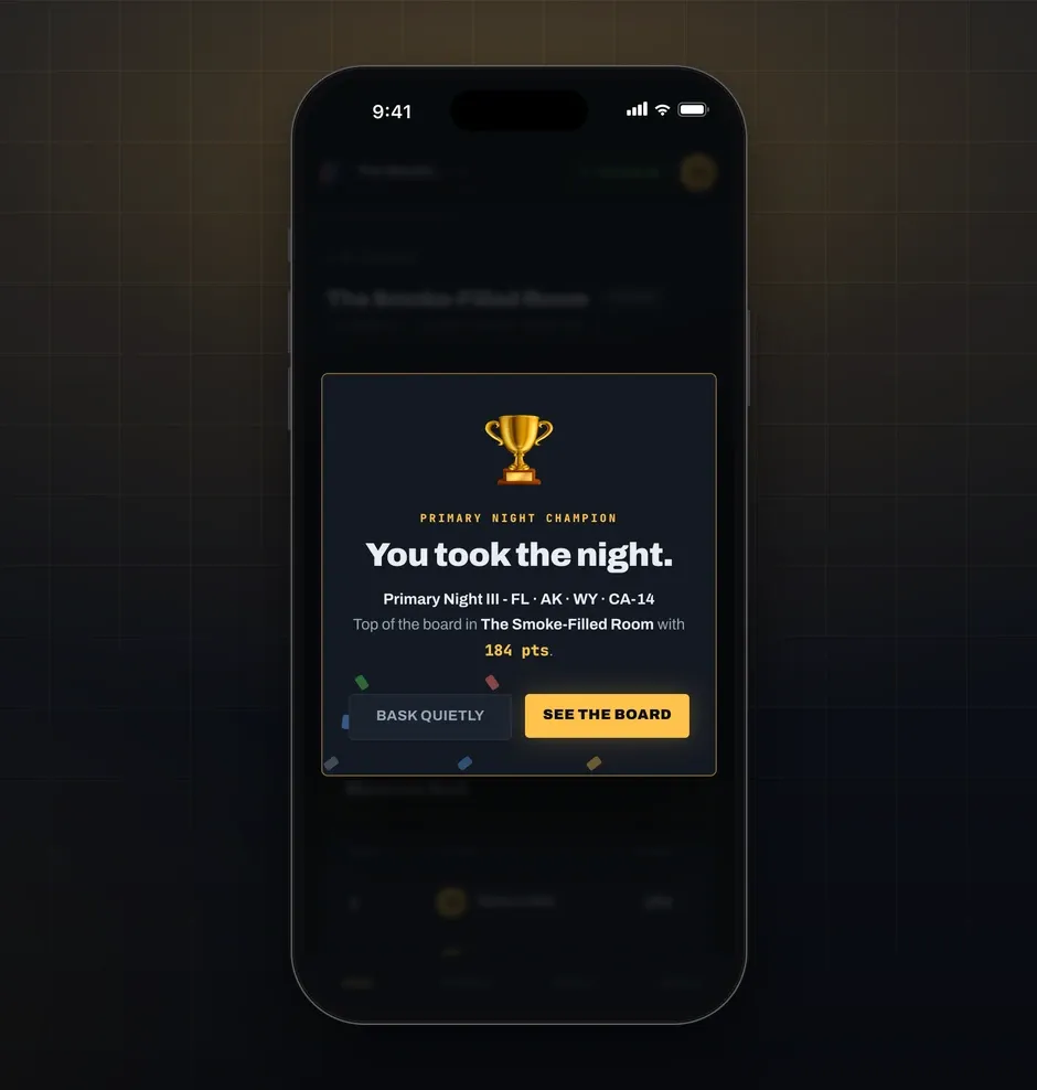 A phone showing the champion moment: a trophy, "Primary night champion: You took the night", top of the board with 184 points.