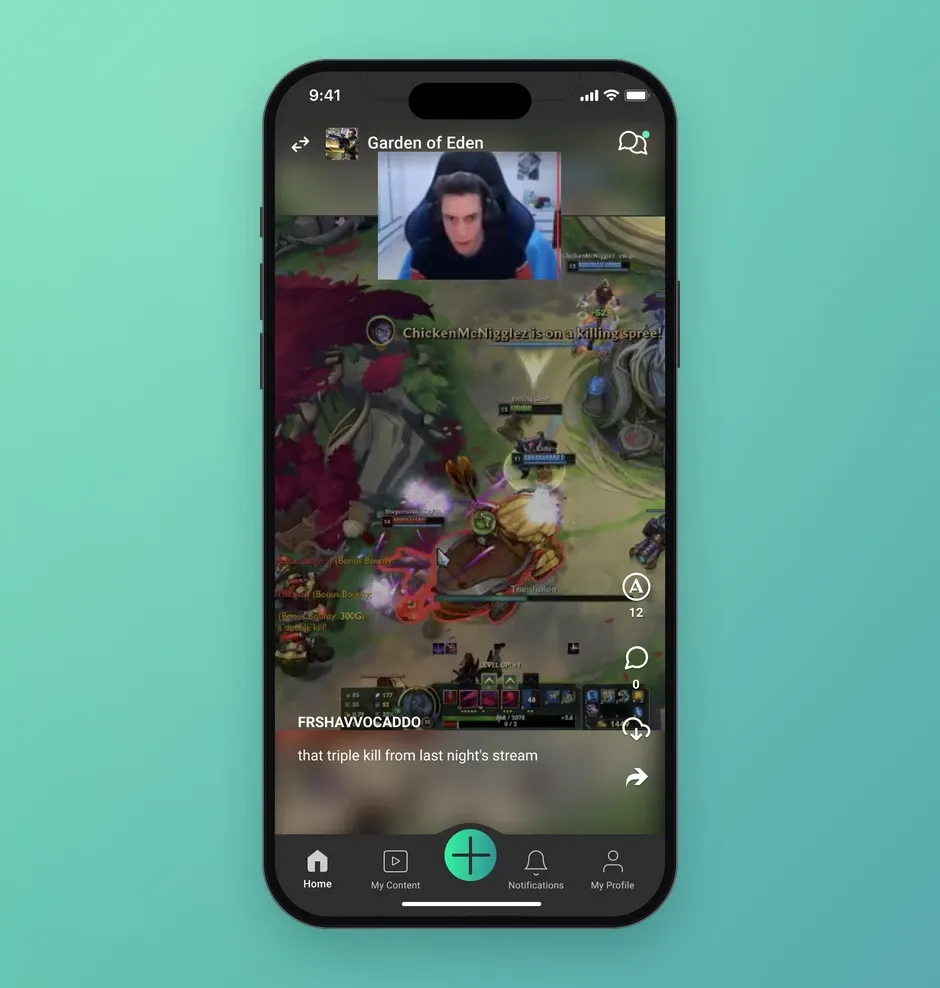 A community home feed showing a streamer's clip with their facecam over the gameplay.