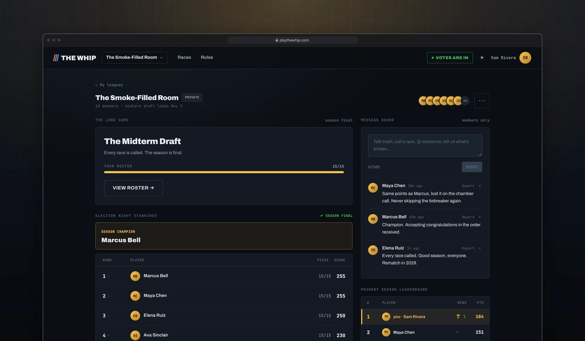 The league page on desktop once every race is called: season champion banner, final standings with a tie at the top settled by the chamber call, the message board and the primary season leaderboard.