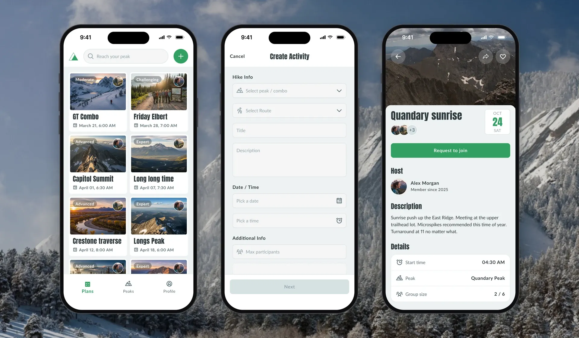 Planning a hike in three steps: the plans feed, the create activity form, and the finished plan for a Quandary sunrise with its host, details and a request to join.