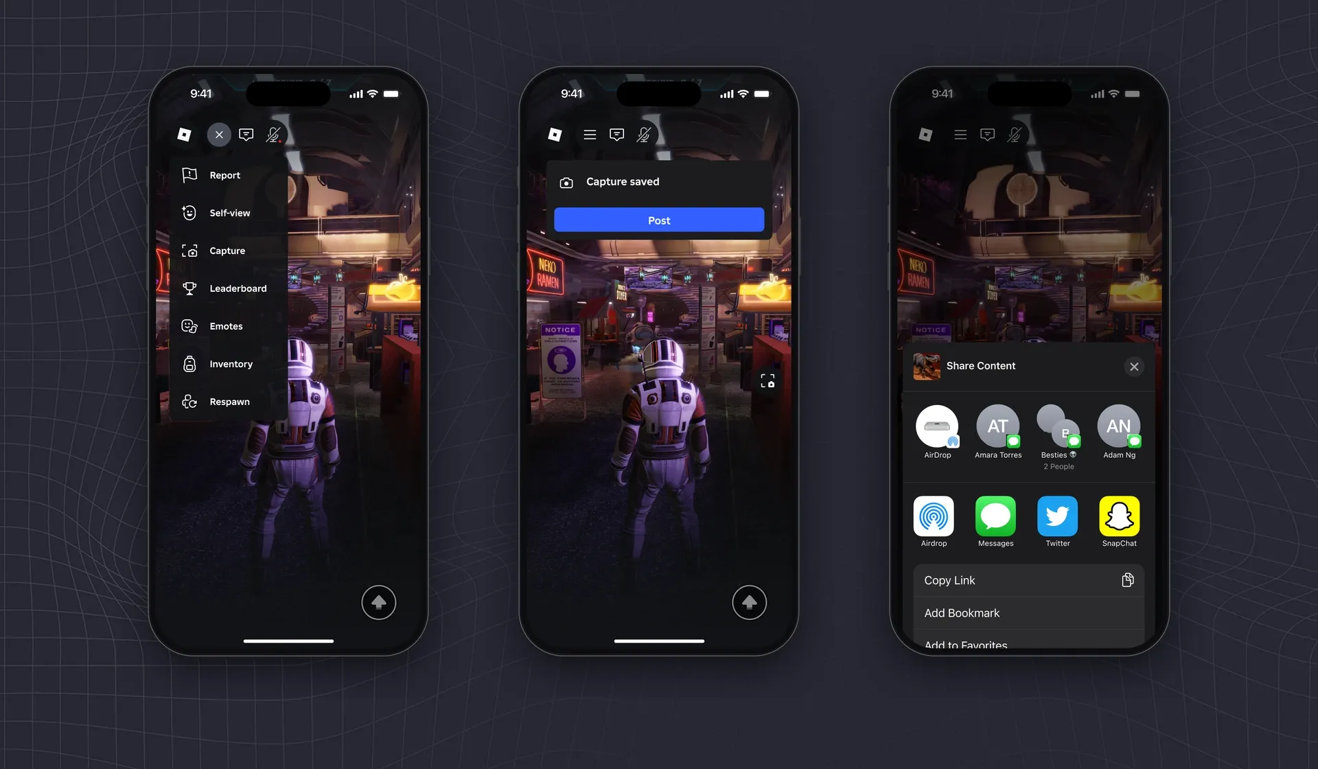 Three phones: Capture in the in-game menu, a "Capture saved" toast with Post, and the share sheet with the experience's thumbnail, all without leaving the game.