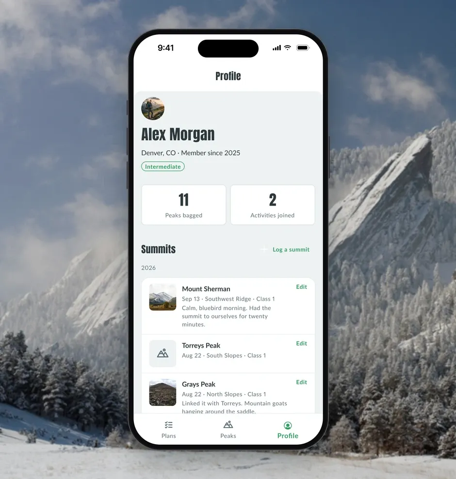 A hiker's profile with peaks bagged and a summit log of dates, routes, notes and photos.