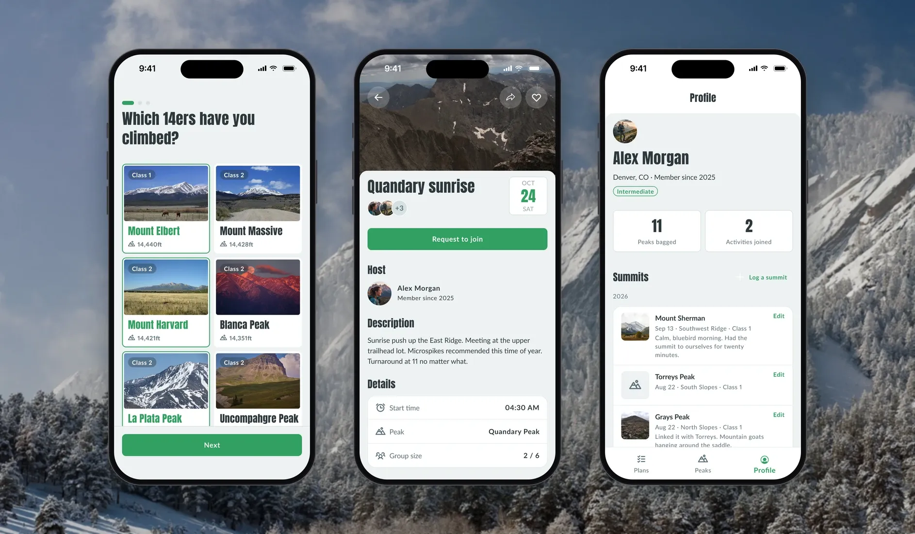Three phones over the snowy Flatirons: picking the 14ers you've climbed, a planned Quandary sunrise hike, and a profile with its summit log.