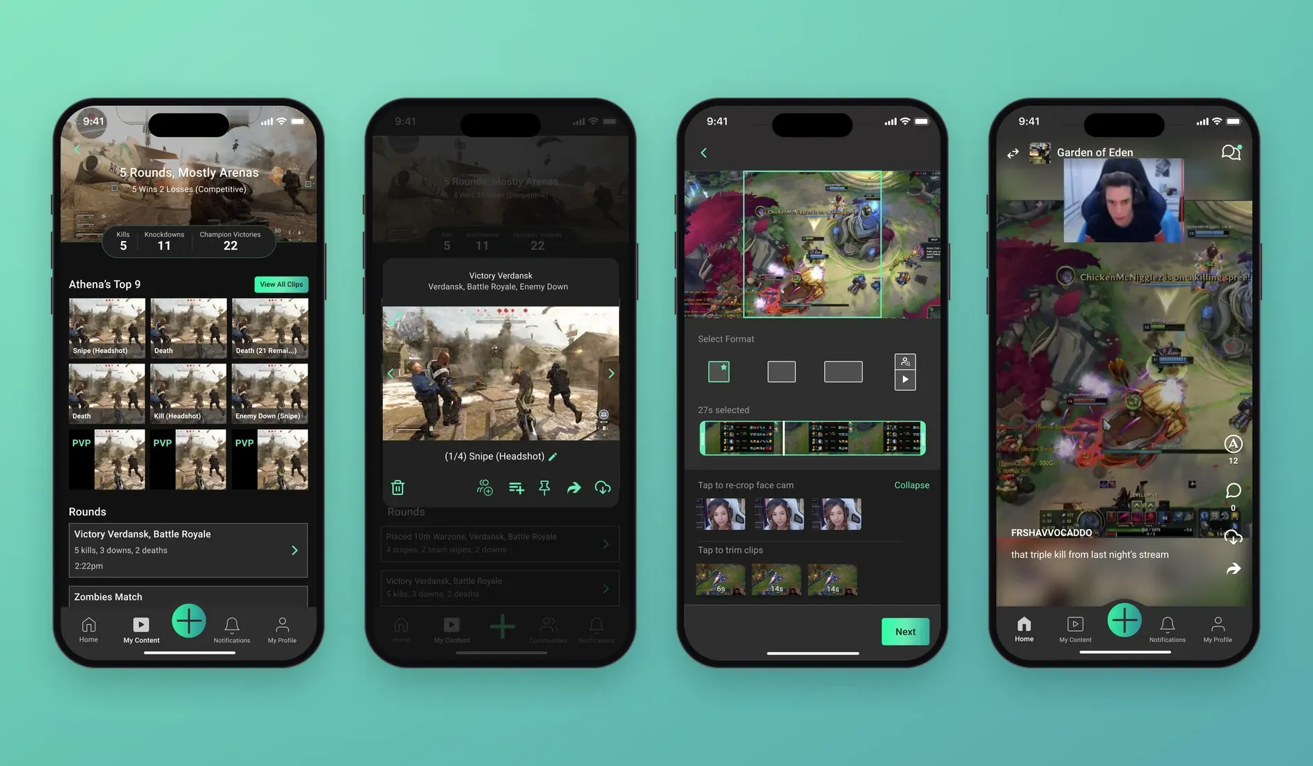 Four phones on a mint background: a game session with Athena's Top 9 clips, a clip viewer, the remix format editor, and a streamer's community feed.