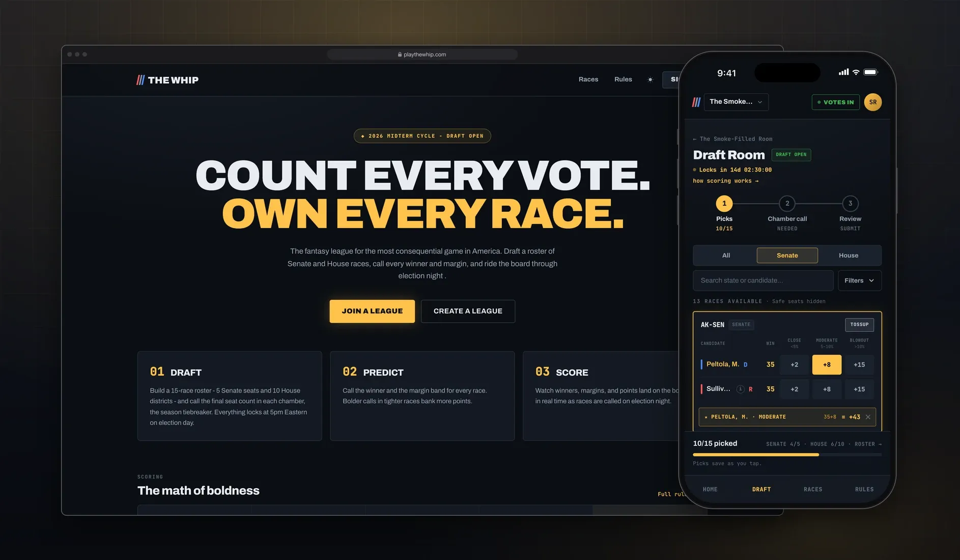 The Whip's landing page ("Count every vote. Own every race.") in a browser, with the draft room on a phone in front, on a dark stage with a gold glow.