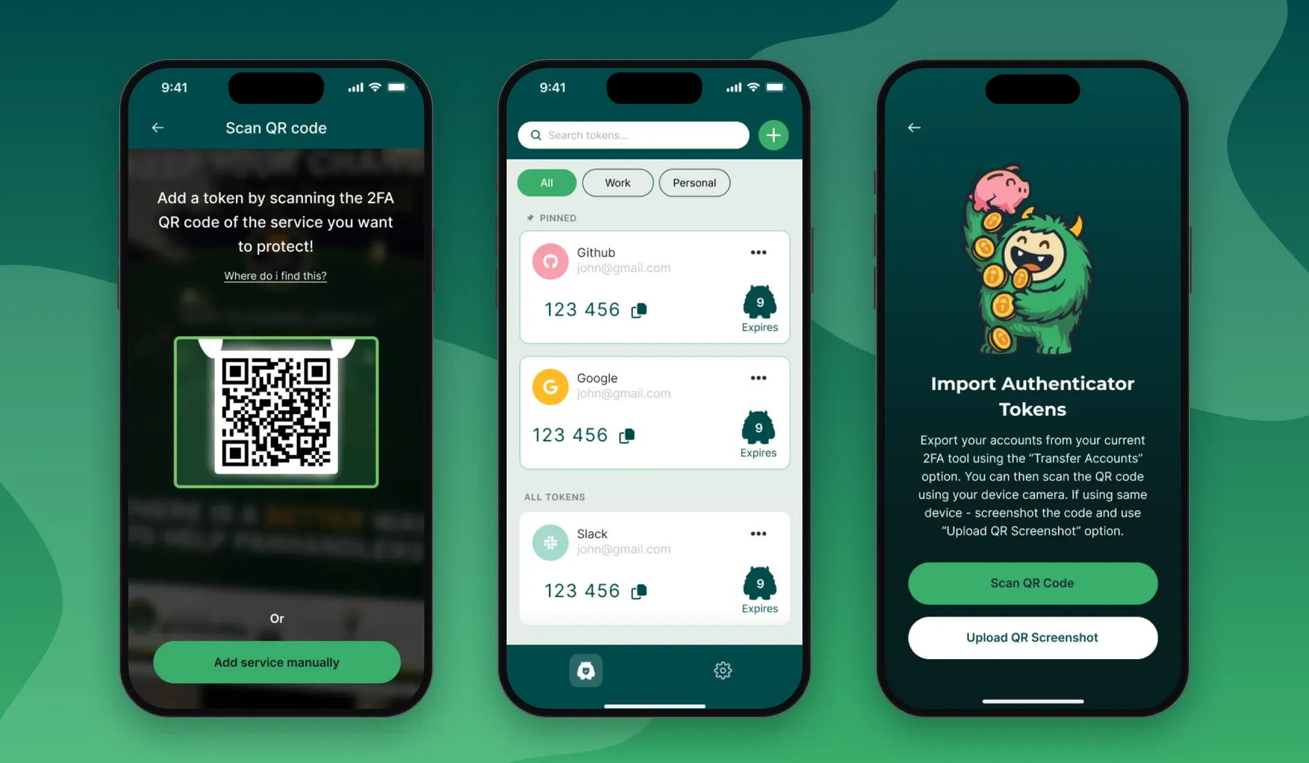Three AuthMonster screens on green: scanning a QR code to add a token, the token list with Github and Google pinned above the rest, and importing tokens from another authenticator, with the monster juggling coins.