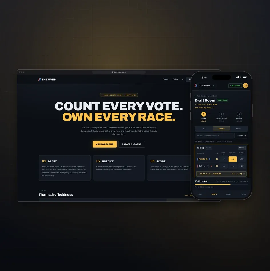 The Whip's landing page ("Count every vote. Own every race.") in a browser, with the draft room on a phone in front, on a dark stage with a gold glow.