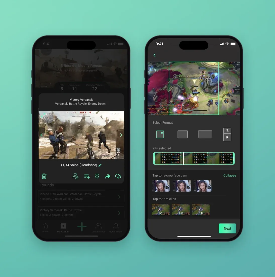 Four phones on a mint background: a game session with Athena's Top 9 clips, a clip viewer, the remix format editor, and a streamer's community feed.