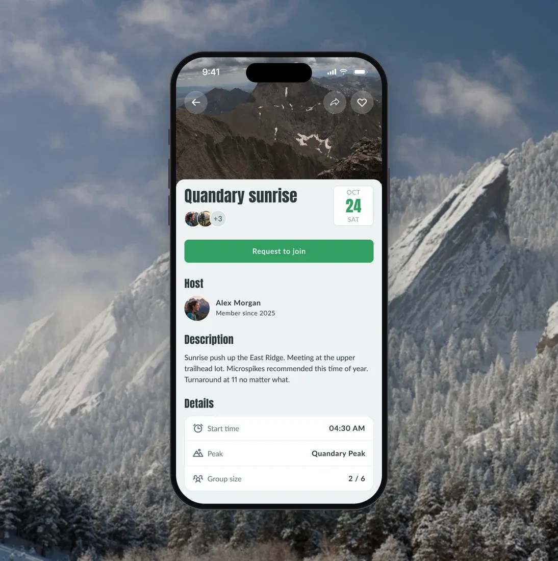 Three phones over the snowy Flatirons: picking the 14ers you've climbed, a planned Quandary sunrise hike, and a profile with its summit log.